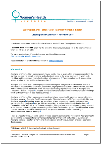 Clearinghouse Connector on Aboriginal and Torres Strait Islander women's health