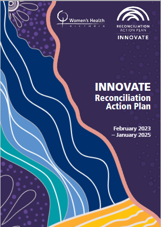 Front cover of WHV's Innovate RAP. Blue, green and white waves ripple across the page on a purple background