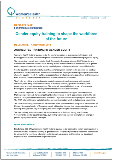Gender equity training to shape the workforce of the future media release thumbnail