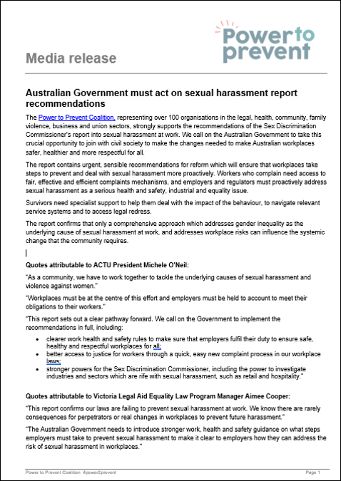 Australian Government must act on sexual harassment report recommendations media release image