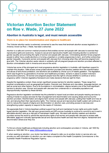 Victorian abortion sector statement on Roe v Wade 27 June 2022 cover image