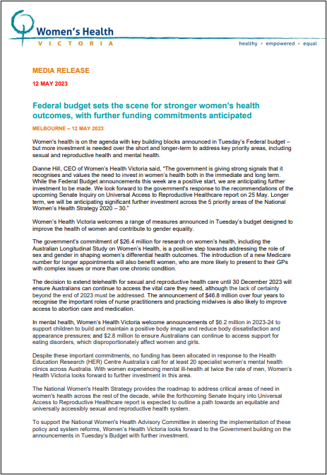 2023-24 Federal Budget response from Women's Health Victoria Media Release  Image