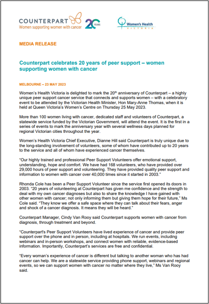 Counterpart celebrates 20 years of peer support media release image