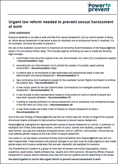 First page of Power to Prevent Coalition's joint statement on ) Urgent law reform needed to prevent sexual harassment at work