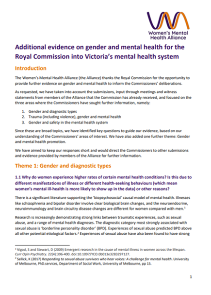 Front page of document, Women's Mental Health Alliance additional evidence to the RC