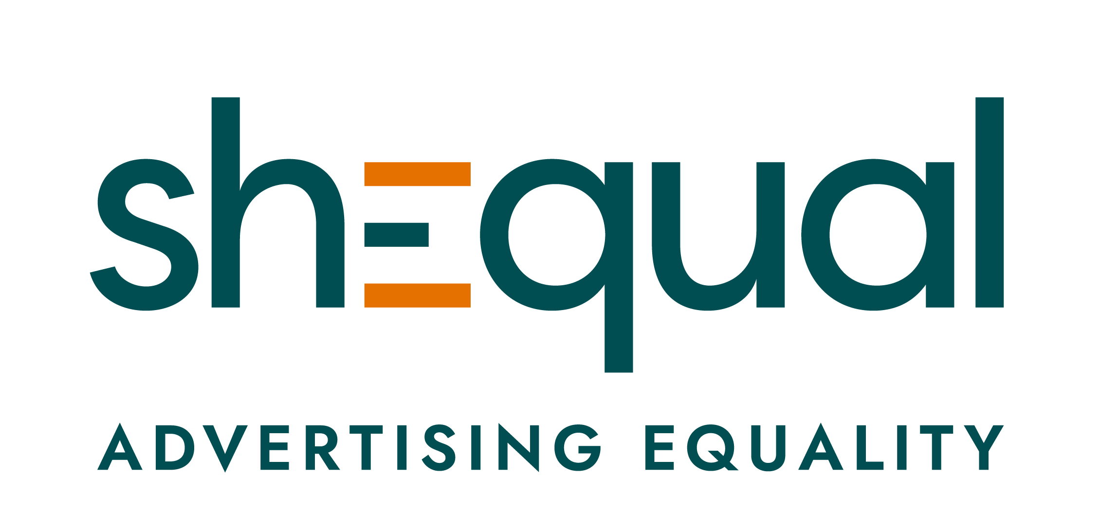 Logo of the brand shEqual. In the word 'shequal' is in a dark teal colour but the crosses of the capital 'E' in the middle is gold- like an equal sign 