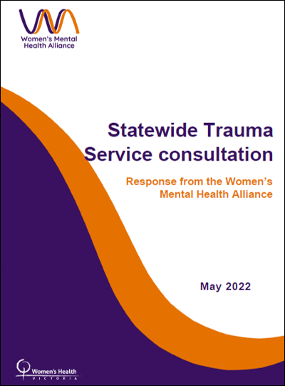 Front cover of WMHA's Statewide Trauma Service consultation. Purple and orange waves on white background