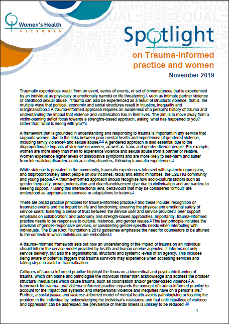 Spotlight on trauma-informed practice and women cover image