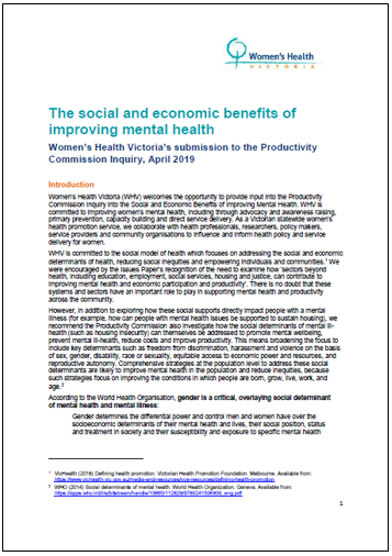 Submission to Inquiry into the social and economic benefits of improving mental health - cover image