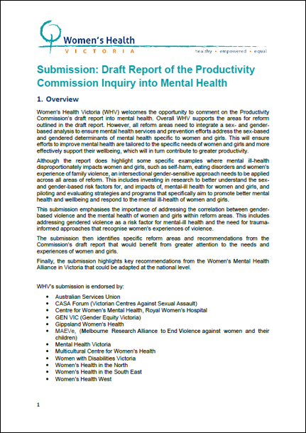 Submission on Draft report of the Productivity Commission Inquiry into Mental Health cover image