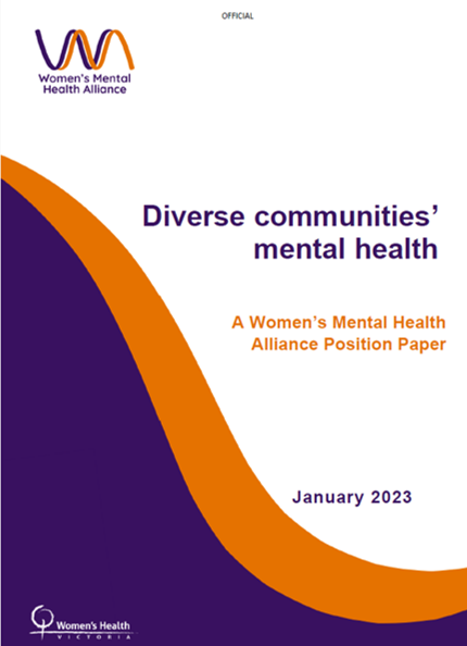Front cover of WMHA position paper on diverse communities' mental health. Deep purple and orange wave to the left of the page on white background