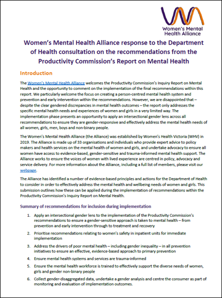 Front cover of the Word document submission to the consultation on the PC report into Mental Health. Headings in dark purple text and subheading in gold text.