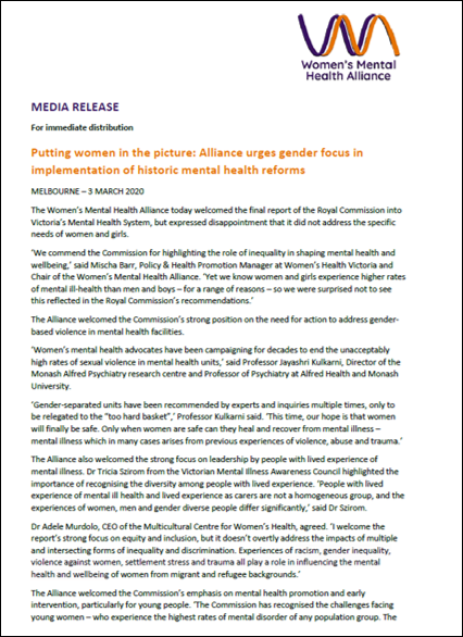 Media release front page. Word document with black text and the orange and purple Women's Mental Health Alliance logo