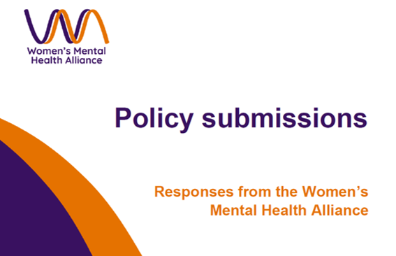Purple and gold text saying 'Policy submissions, responses from the Women's Mental Health Alliance