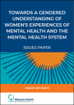 Front cover of WHV Issues Paper on women's experience of the mental health. White title text on dark blue background, above an orange and blue abstract sun on a teal background.