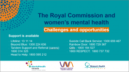Royal Commission and womens mental health webinar slide image