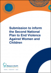Front cover of WHV submission on the Second National Plan to End Violence Against Women. Blue and teal shapes on an orange and white background.