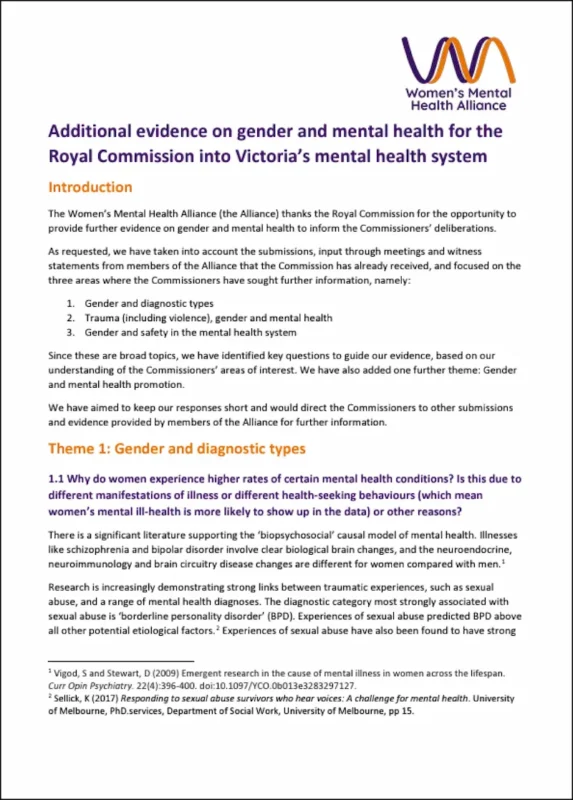 Additional evidence on gender and mental health for the Royal Commission into Victoria’s Mental Health System