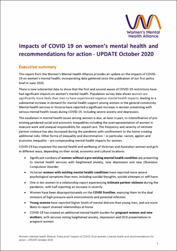 Impacts of COVID 19 on women’s mental health and recommendations for action – updated October 2020