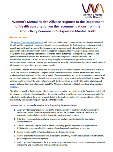 Submission to the Department of Health consultation on the recommendations from the Productivity Commission’s Report on Mental Health