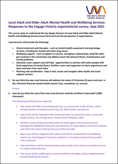Submission to the Victorian Government consultation survey on Local Adult and Older Adult Mental Health and Wellbeing Services