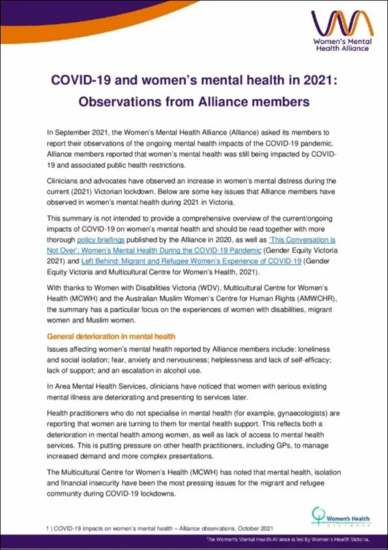 COVID-19 and women’s mental health in 2021: Observations from Alliance members
