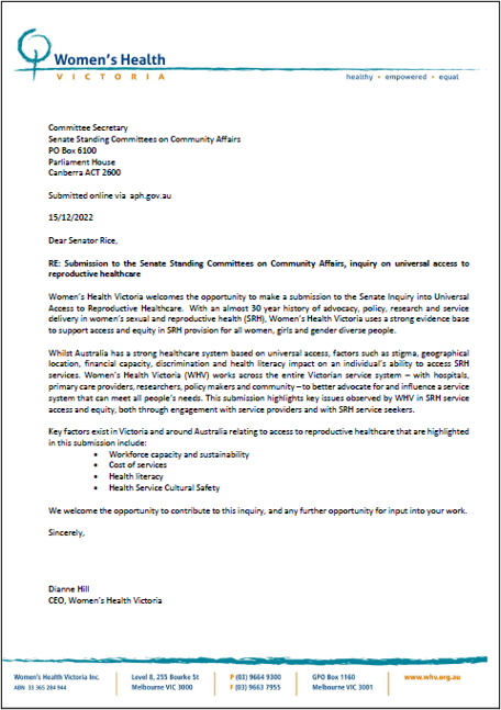 WHV Submission to the Senate Inquiry Into Universal Access To Reproductive Healthcare