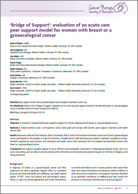 Bridge of Support: evaluation of an acute care peer support model for women with breast or a gynaecological cancer