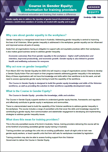 Course in Gender Equity: information for training providers