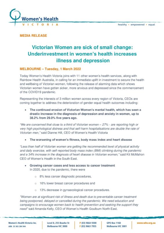Victorian women are sick of small change: Underinvestment in women’s health increases illness and depression