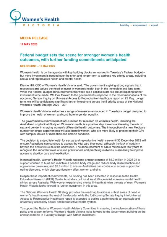 Women’s Health Victoria responds to Federal Budget 2023-24