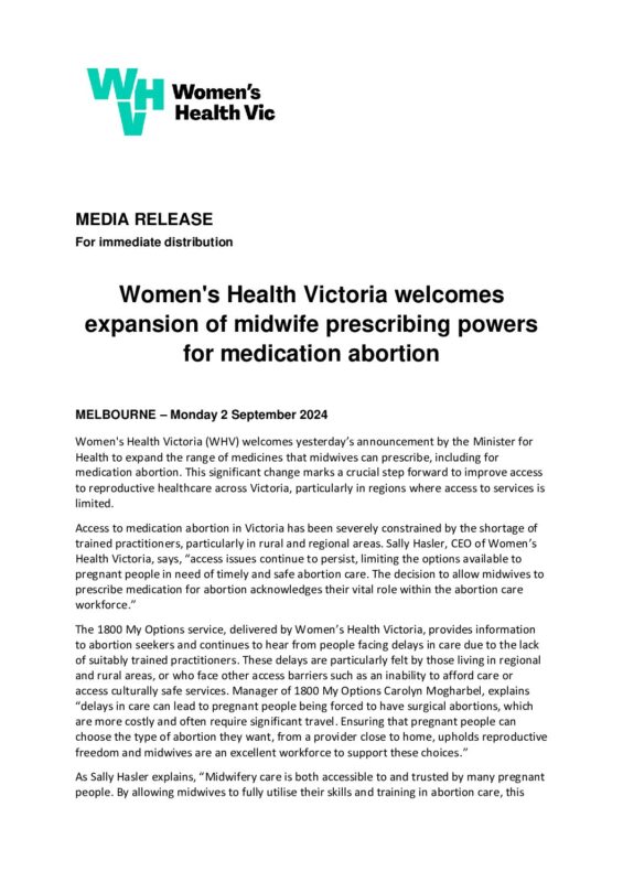 Women’s Health Victoria welcomes expansion of midwife prescribing powers for medication abortion