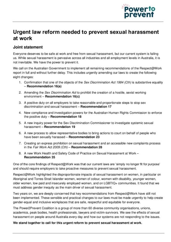 Power to Prevent: Urgent law reform needed to prevent sexual harassment at work