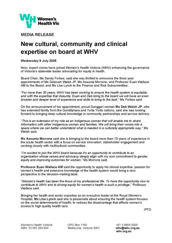 Media Release: New cultural, community and clinical expertise on board at WHV