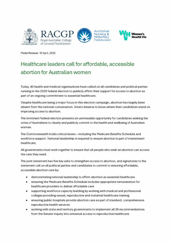 Healthcare leaders call for affordable, accessible abortion for Australian women
