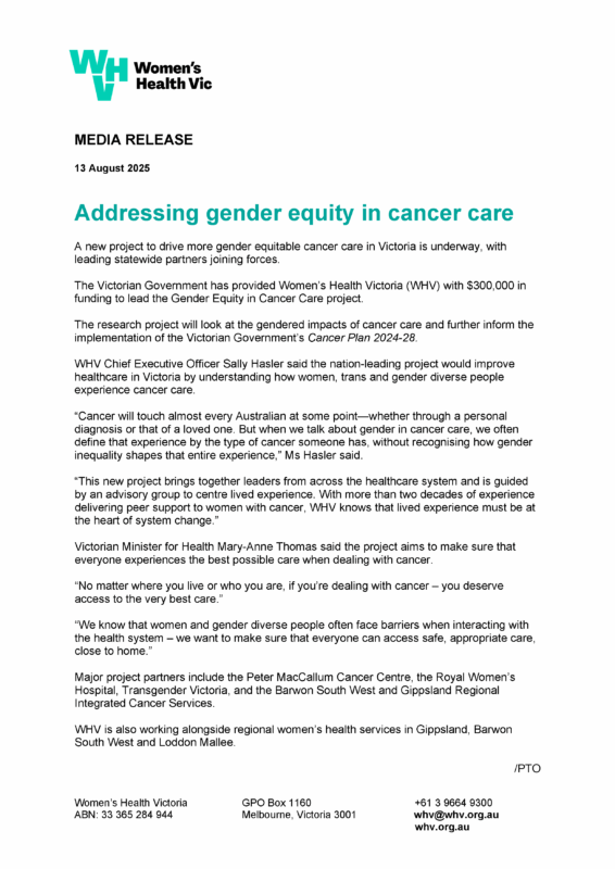 Addressing gender equity in cancer care
